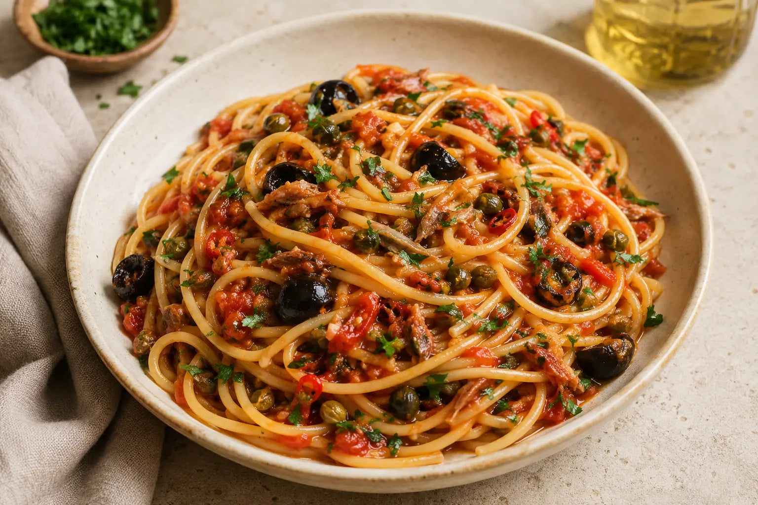 Spaghetti i tomatsås med torkad ansjovis, svarta oliver, kapris och persilja