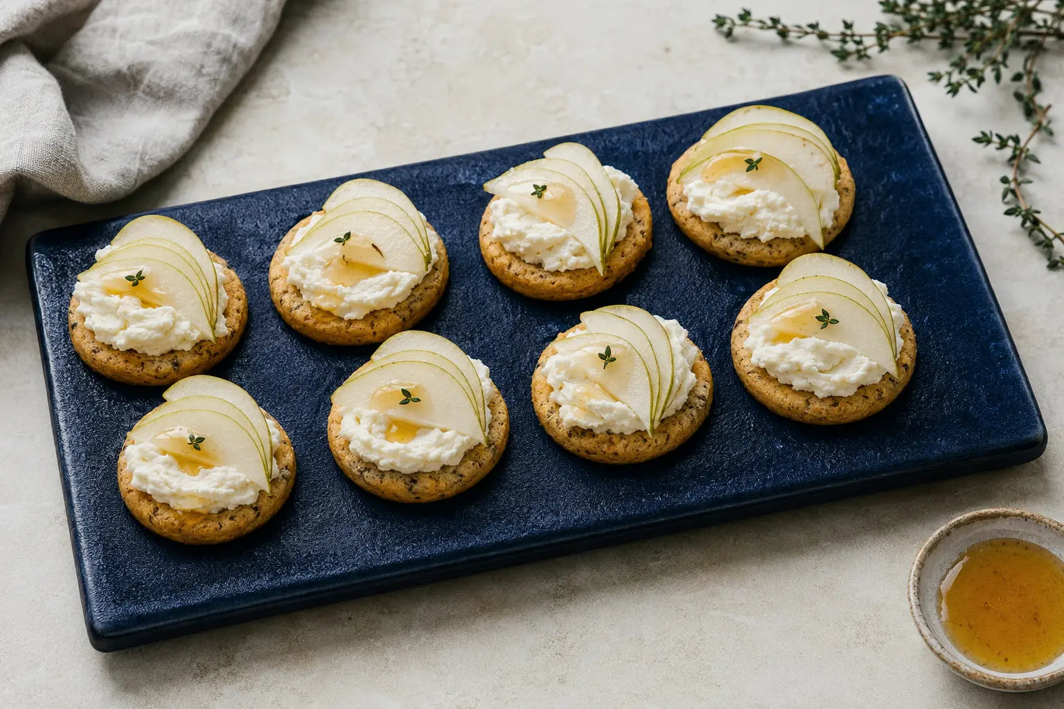 Bottarga Cookies med vispad ricotta, tunt päron, honung och timjan