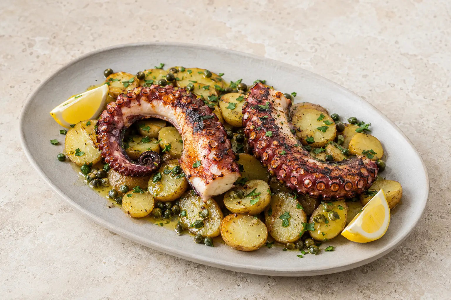 Grillad octopus med varm potatissallad, kapris, persilja och citron