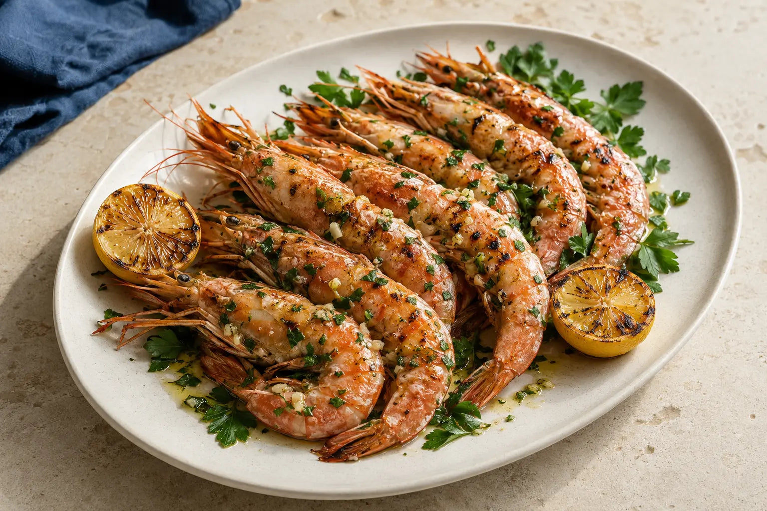 Grillade hela medelhavsrosa räkor med vitlök, persilja och citron