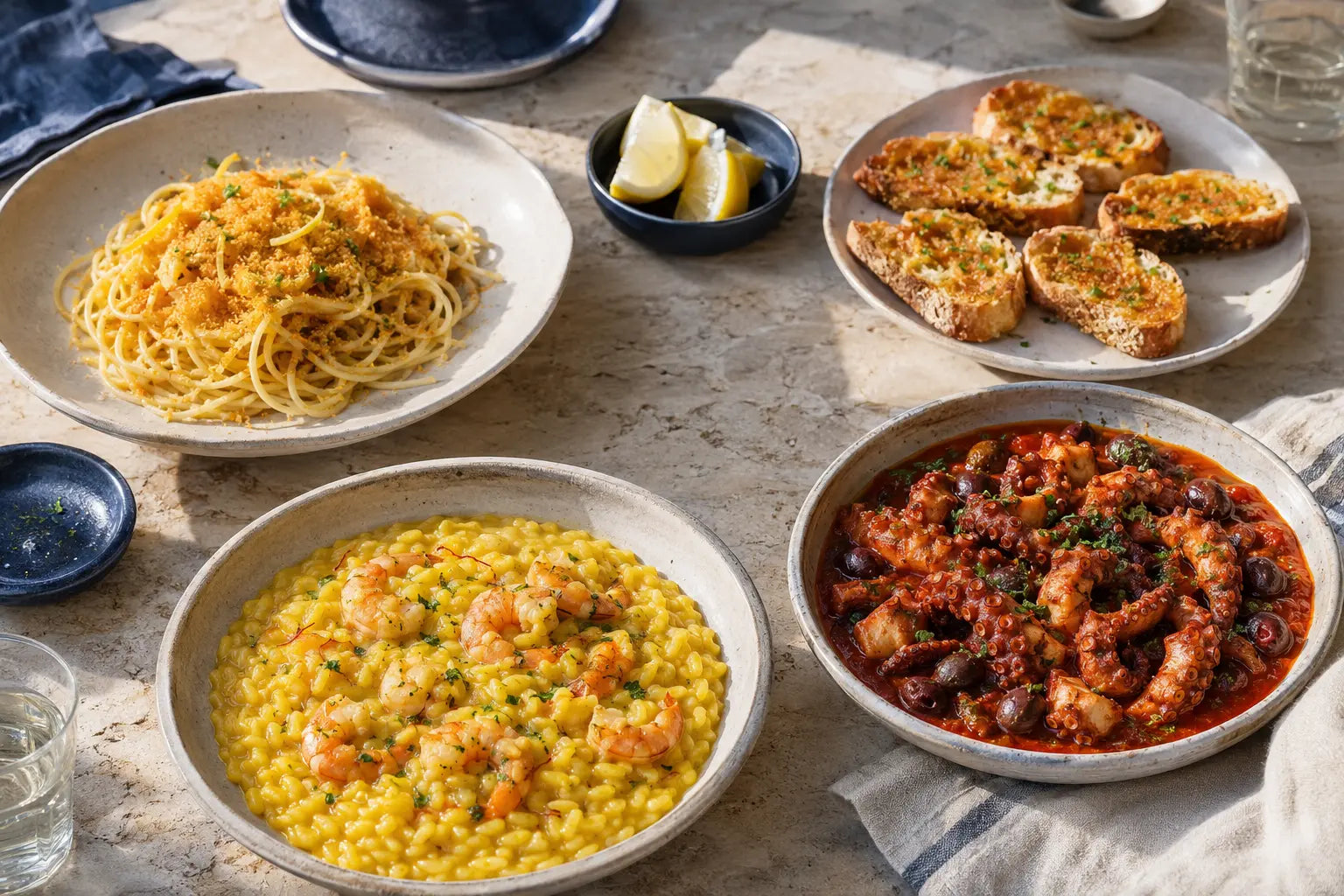 Ett medelhavsbord med bottargapasta, crostini, saffransrisotto och octopusgryta
