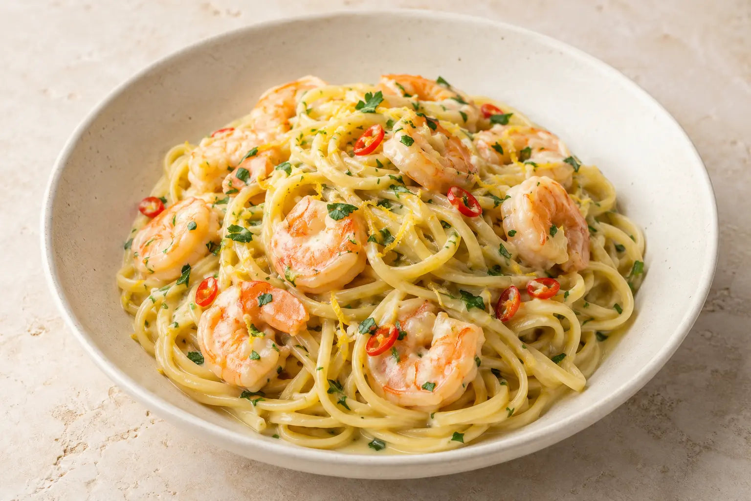 Krämig linguine med medelhavsräkor, chili, citron och persilja