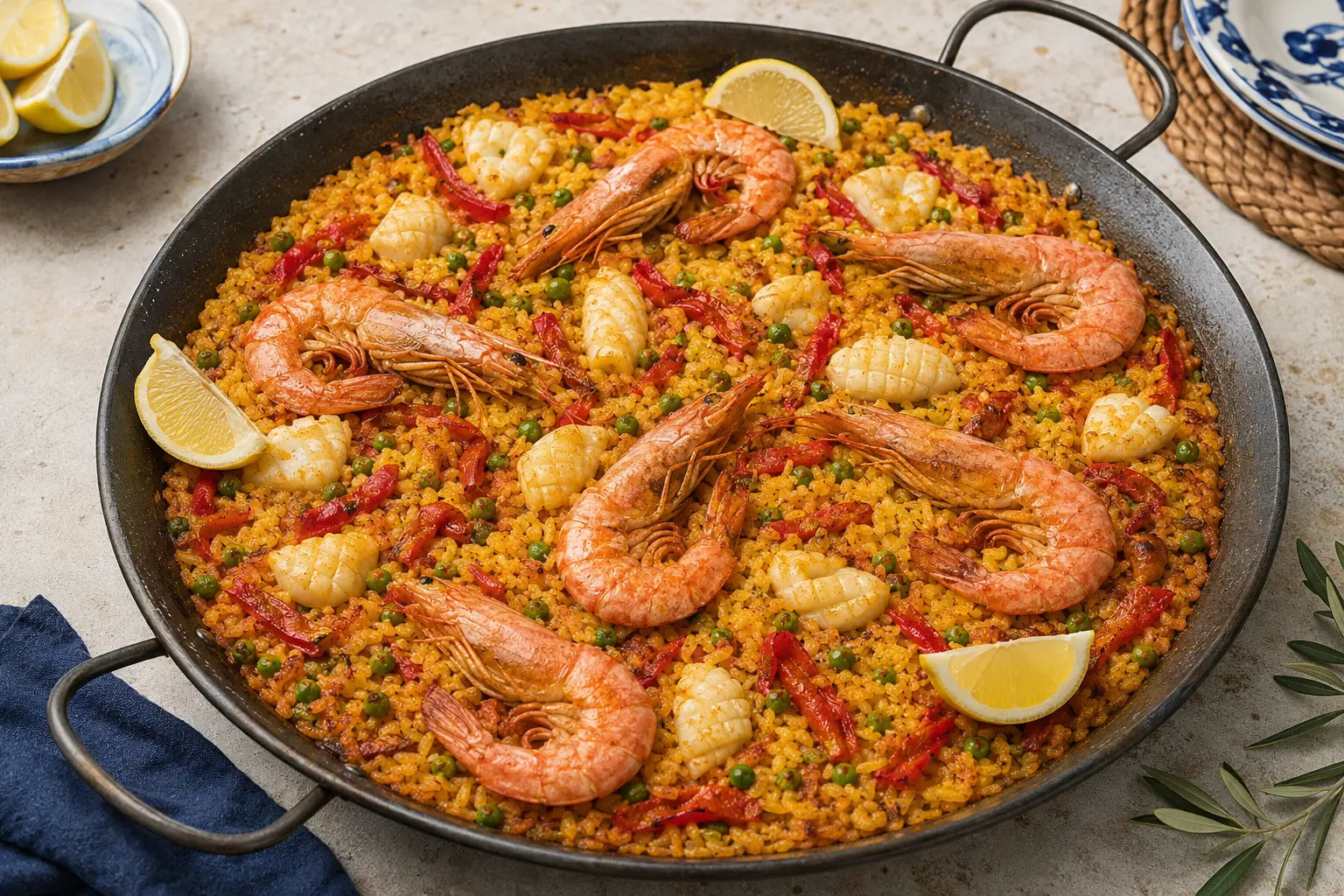 Saffranspaella med hela rosa räkor, sepia, paprika, ärtor och citron