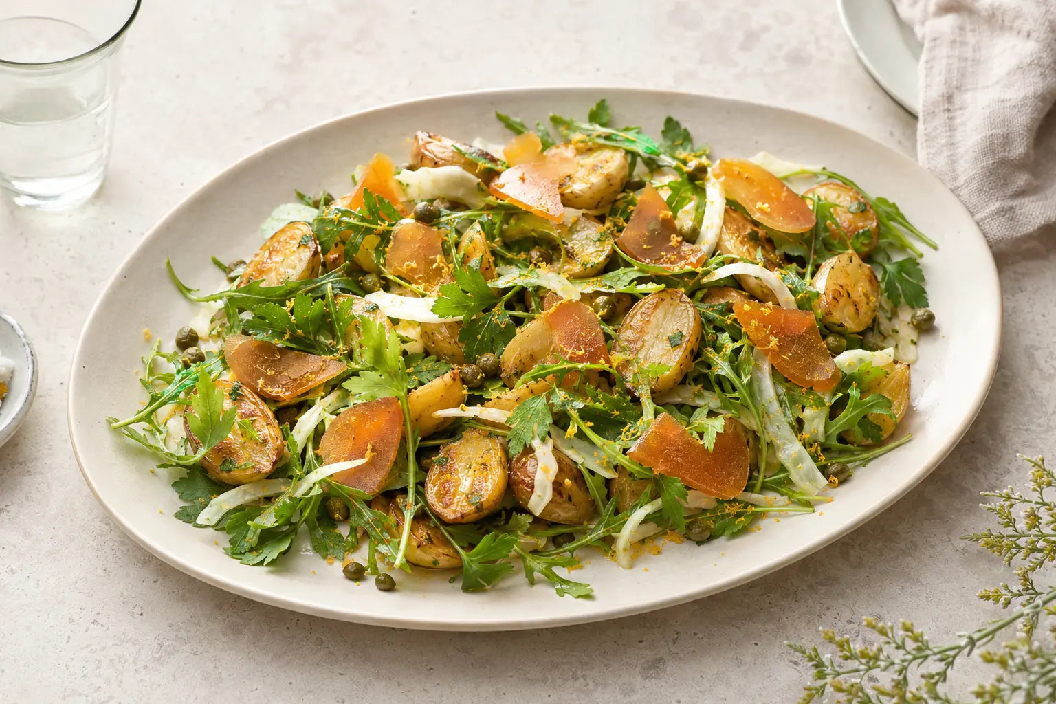 Rostad potatissallad med fänkål, örter, kapris och bottarga