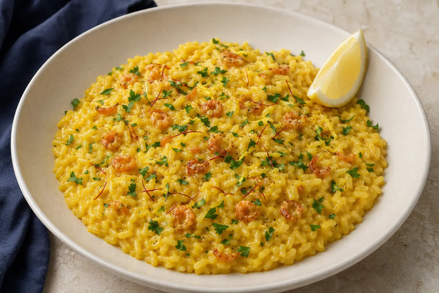 Saffransrisotto med små soltorkade räkor, citron, persilja och saffran