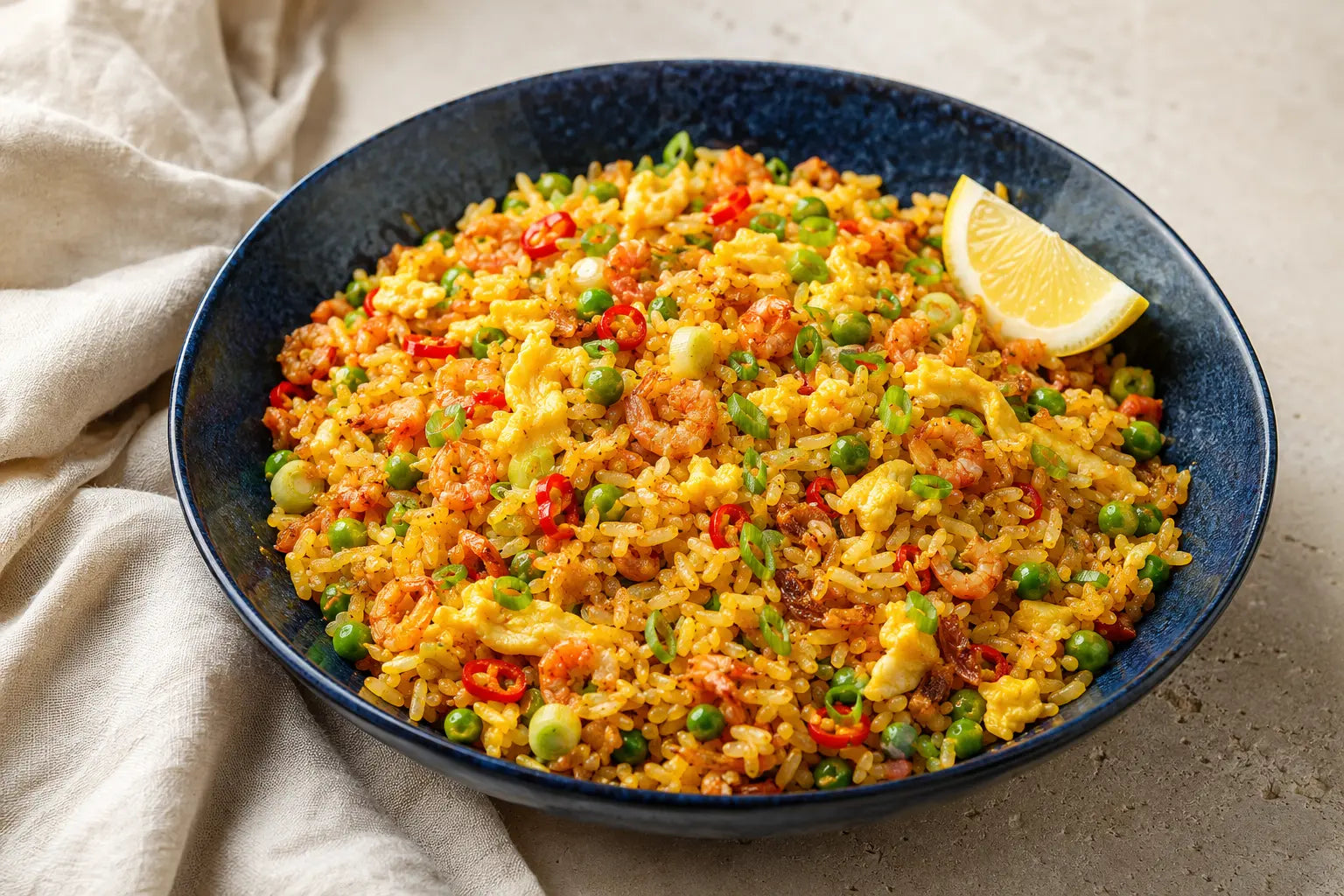 Stekt ris med soltorkade små räkor, ägg, ärtor, salladslök och chili