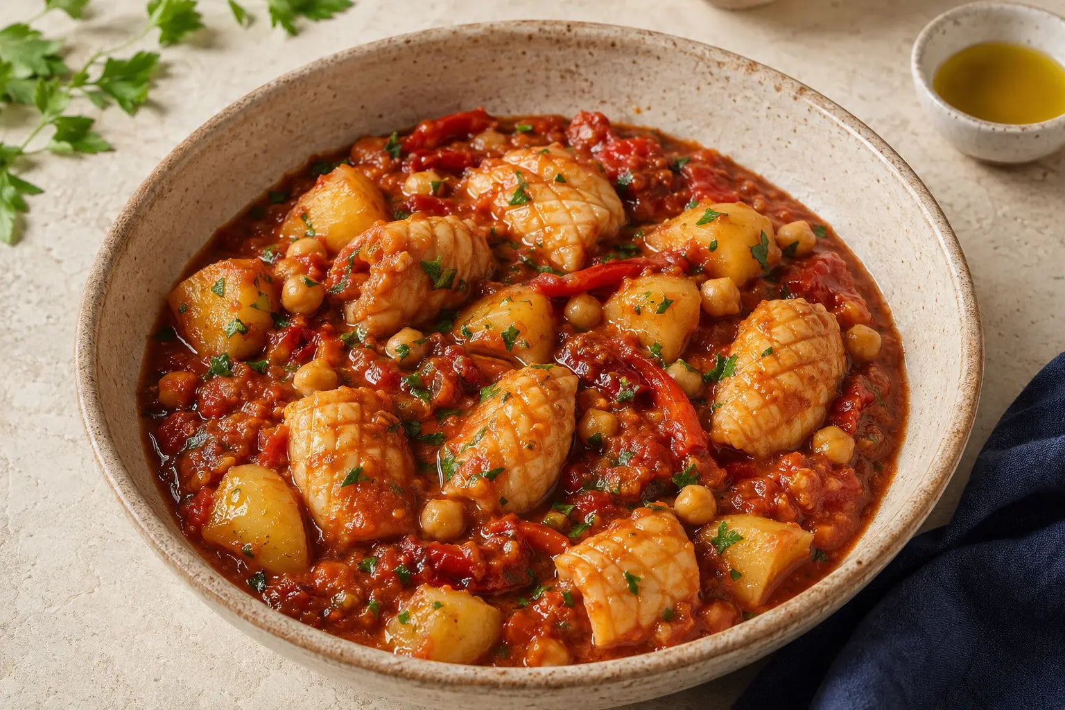 Tunisisk tomatgryta med sepia, potatis, kikärter, kummin och harissa