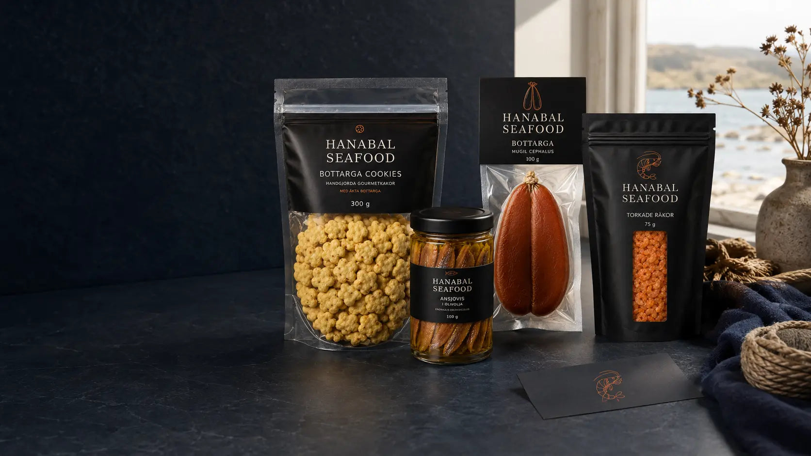 Hanabal Seafood-produkter med bottarga, ansjovis, torkade räkor och Bottarga Cookies